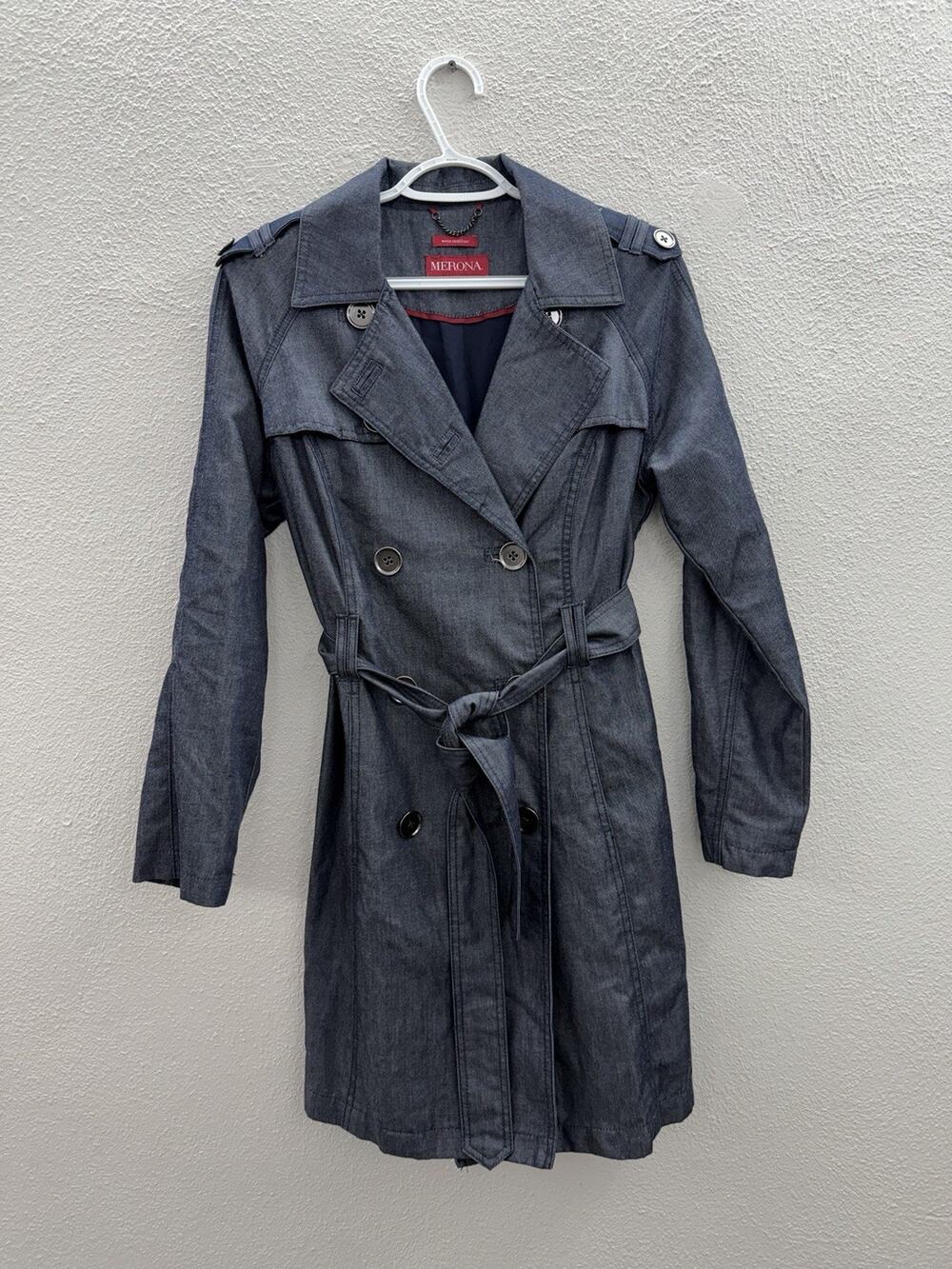 Merona Womens Trench Coat Jacket Size Small Blue Double Breasted Peacoat